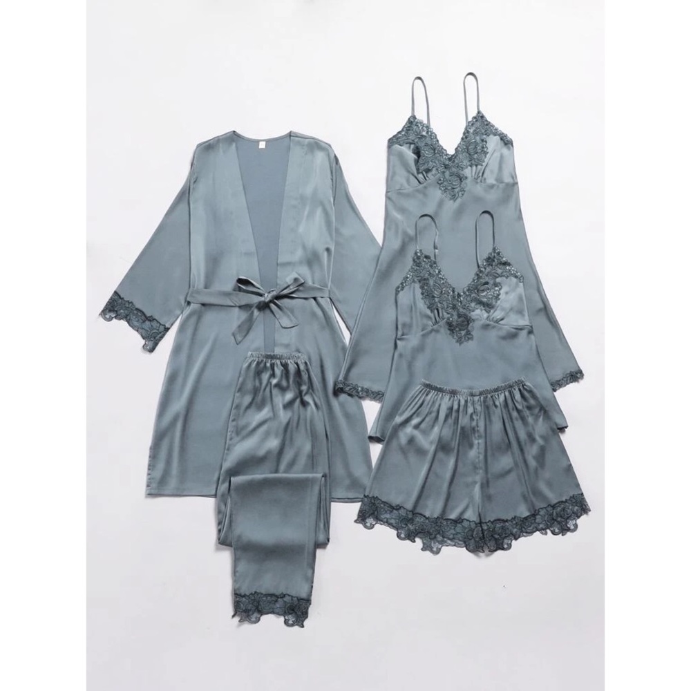 Fefi 5pcs Satin Contrast Lace Belted Night Set - Picture 3 of 6